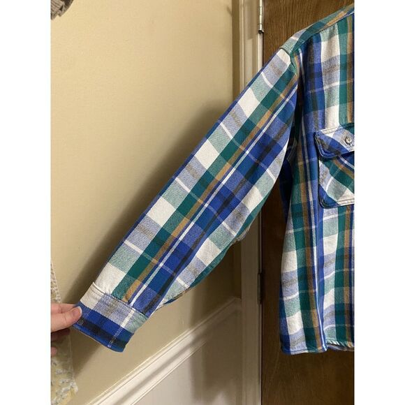 Vintage Five Brothers Thick Flannel Button Up Shirt XL Shacket Blue Green Yellow - Picture 3 of 12